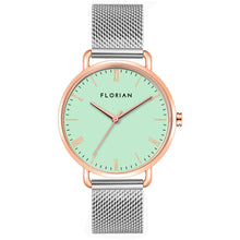 Load image into Gallery viewer, Classic Roman Palm Green Dial Silver and Rose Gold Mesh Watch | 36mm