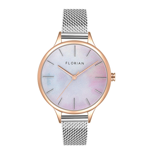 Happy Lady Mirage Dial Silver and Rose Gold Mesh Watch | 34mm