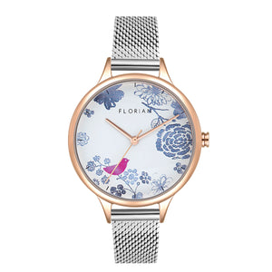 Happy Lady Porcelain Dial Silver and Rose Gold Mesh Watch | 34mm