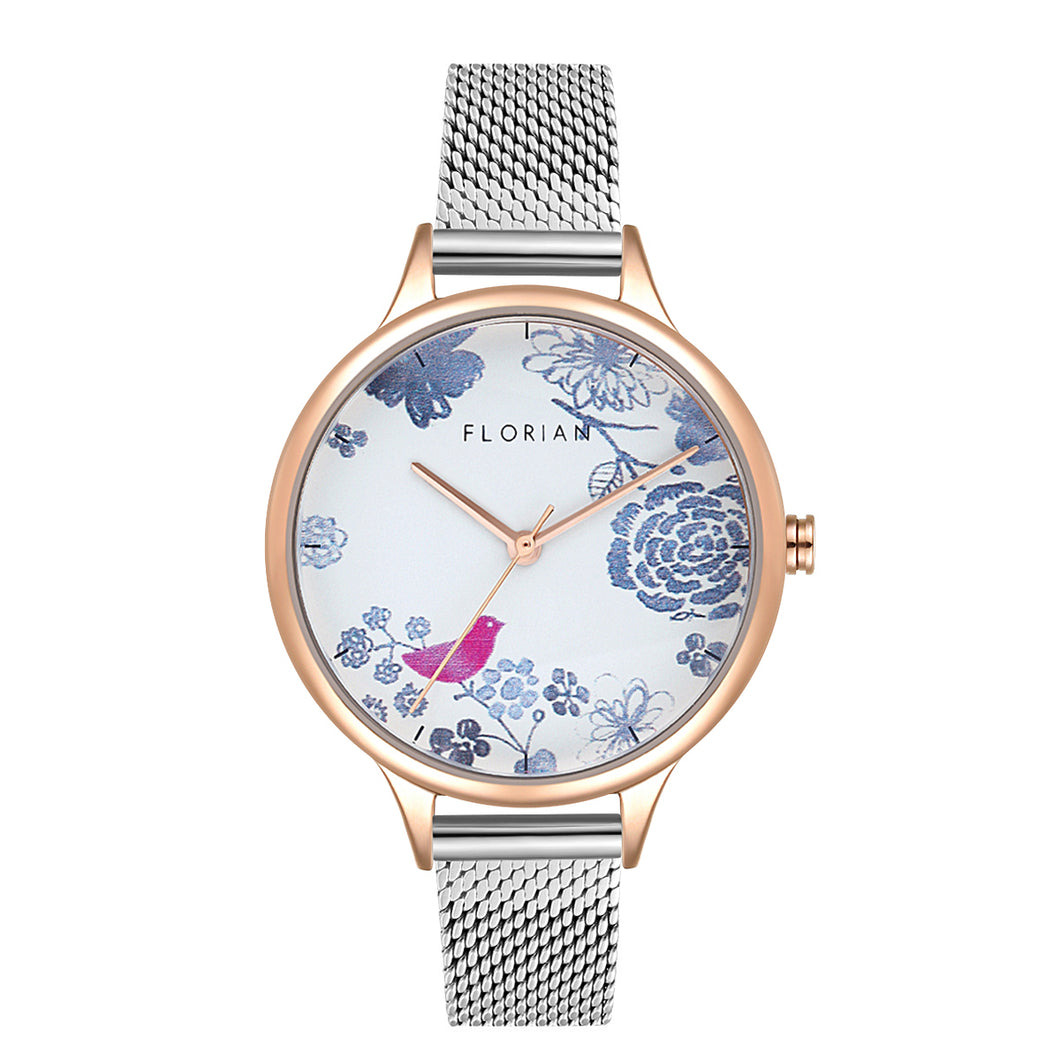 Happy Lady Porcelain Dial Silver and Rose Gold Mesh Watch | 34mm