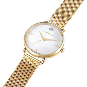 Ocean Diamond MOP Dial Champagne Gold Mesh Watch | 36mm