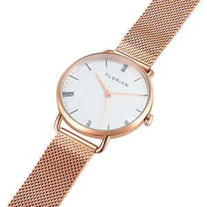 Classic Roman Silver White Dial Rose Gold Mesh Watch | 36mm