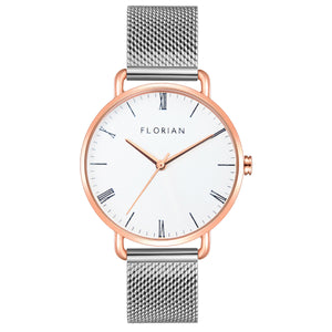 Classic Roman Silver White Dial Silver and Rose Gold Mesh Watch | 36mm