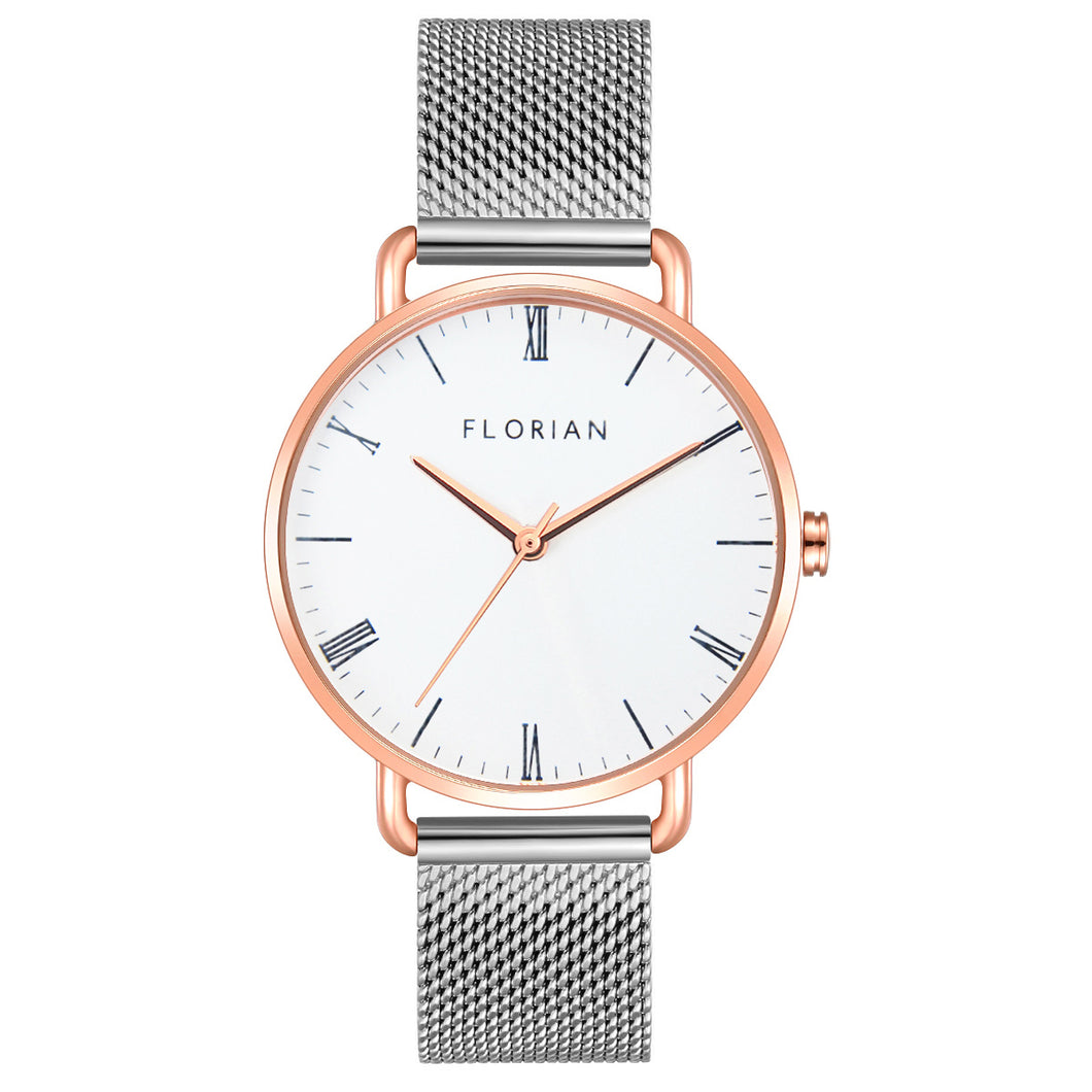 Classic Roman Silver White Dial Silver and Rose Gold Mesh Watch | 36mm