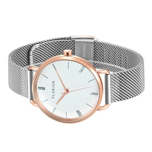 Classic Roman Silver White Dial Silver and Rose Gold Mesh Watch | 36mm