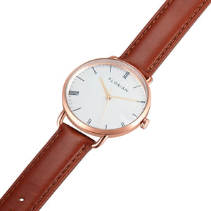 Classic Roman Silver White Dial Timber Tan and Rose Gold Watch | 36mm
