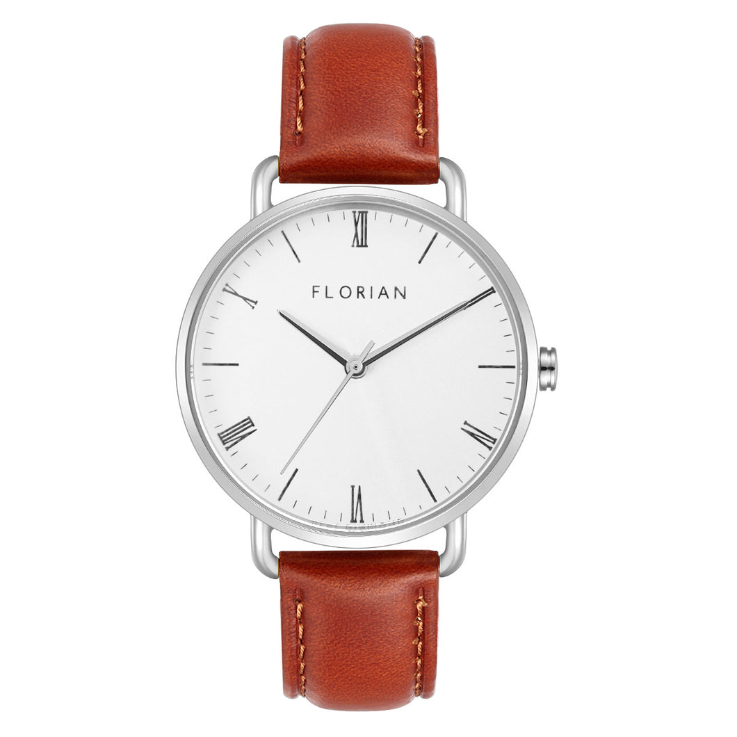 Classic Roman Silver White Dial Timber Tan and Silver Watch | 36mm