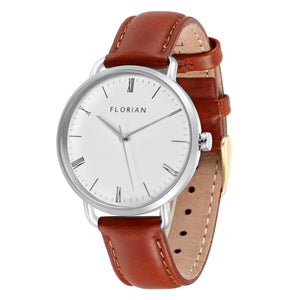 Classic Roman Silver White Dial Timber Tan and Silver Watch | 36mm