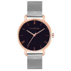 Classic Roman Black Dial Silver and Rose Gold Mesh Watch | 36mm