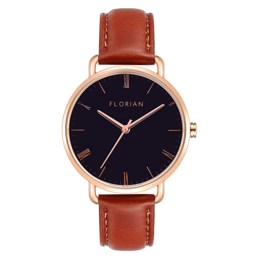 Classic Roman Black Dial Timber Tan and Rose Gold Watch | 36mm