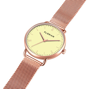 Classic Roman Lemon Yellow Dial Rose Gold Mesh Watch | 36mm
