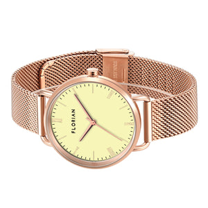 Classic Roman Lemon Yellow Dial Rose Gold Mesh Watch | 36mm