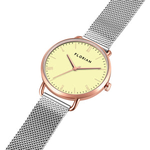 Classic Roman Lemon Yellow Dial Silver and Rose Gold Mesh Watch | 36mm