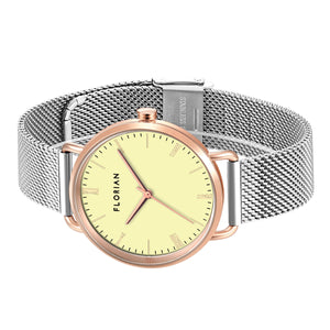 Classic Roman Lemon Yellow Dial Silver and Rose Gold Mesh Watch | 36mm
