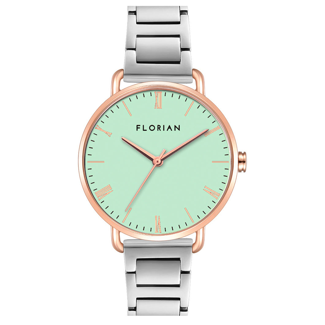 Classic Roman Palm Green Dial Silver and Rose Gold Bracelet Watch | 36mm