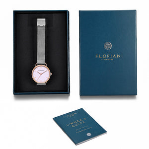 Classic Roman Milky Purple Dial Silver and Rose Gold Mesh Watch | 36mm