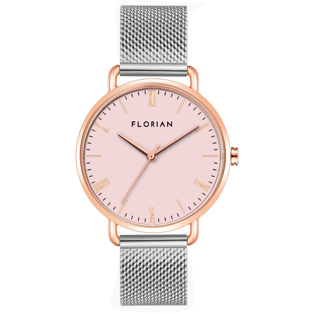 Classic Roman Pastel Pink Dial Silver and Rose Gold Mesh Watch | 36mm